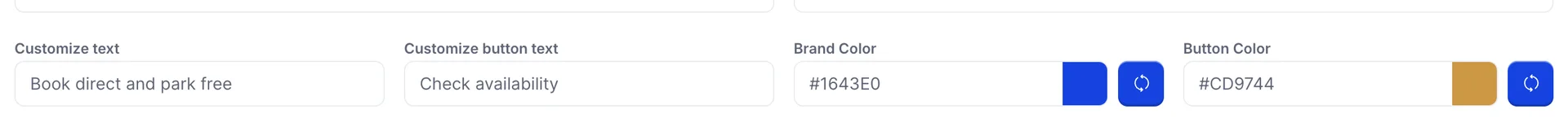 The field row with the Floating bar widget selected: Customize text holding "Book direct and park free", Customize button text holding "Check availability", a Brand Color field set to #1643E0 and a Button Color field set to #CD9744, each colour with a swatch and a reset button.