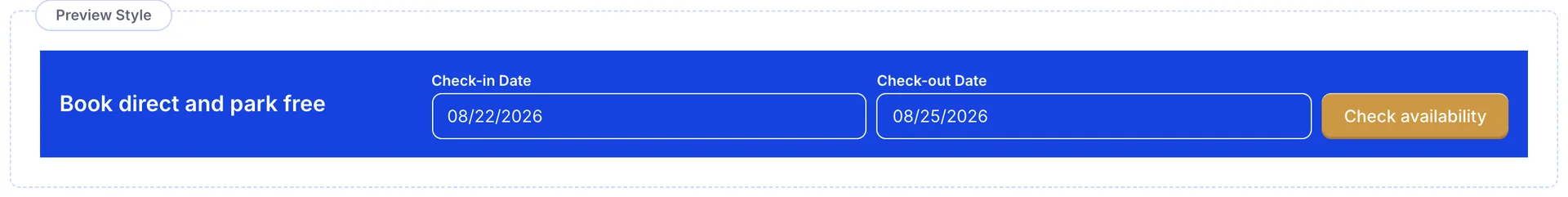 The Preview Style panel with the Floating bar widget: a blue band carrying the message "Book direct and park free", a Check-in Date field, a Check-out Date field and a gold Check availability button.