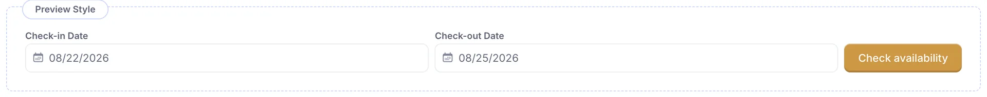 The Preview Style panel with the Horizontal widget: a Check-in Date field reading 08/22/2026, a Check-out Date field reading 08/25/2026, and a gold Check availability button, all in one row.