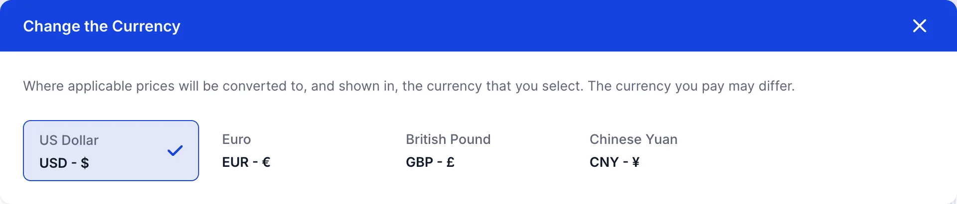 Le panneau « Modifier l'Currency » sur la page « booking engine, » explique que les prix sont convertis et affichés dans la « currency » que vous sélectionnez et que la « currency » dans laquelle vous effectuez le paiement peut différer, au-dessus d'une liste comprenant le dollar américain (USD), l'euro (EUR), la livre sterling (GBP) et le yuan chinois (CNY), avec le dollar américain coché.