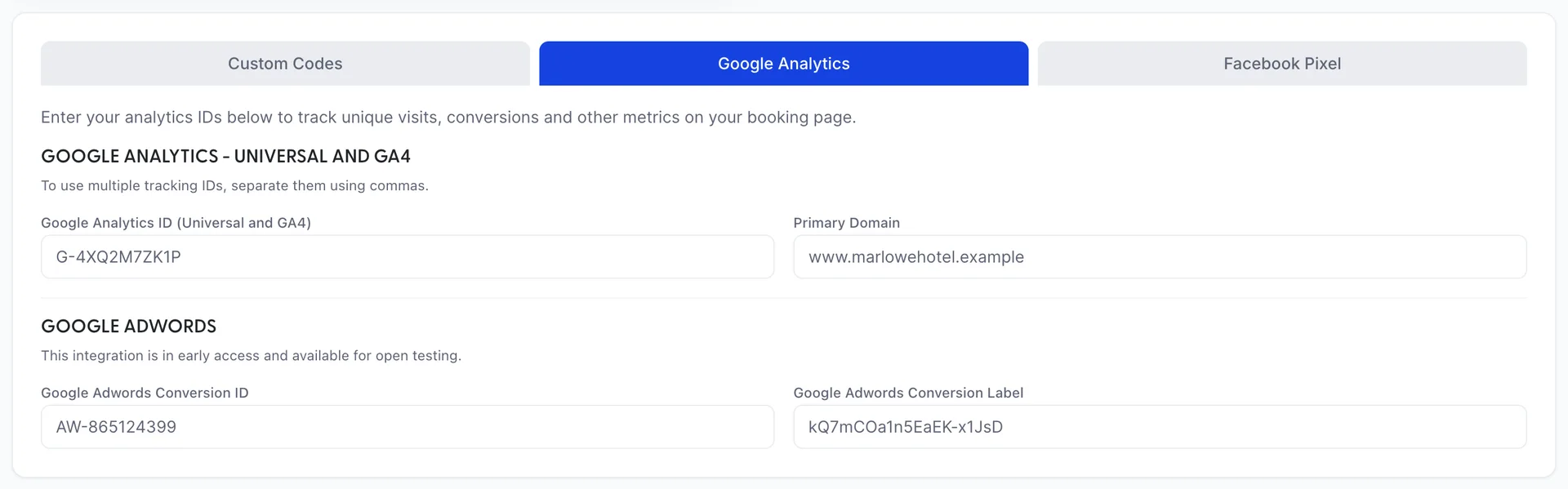 The Google Analytics tab, hinted "Enter your analytics IDs below to track unique visits, conversions and other metrics on your booking page." A Google Analytics - Universal and GA4 section holds a Google Analytics ID field with G-4XQ2M7ZK1P and a Primary Domain field with www.marlowehotel.example. A Google Adwords section, marked as early access, holds a Conversion ID of AW-865124399 and a Conversion Label of kQ7mCOa1n5EaEK-x1JsD.