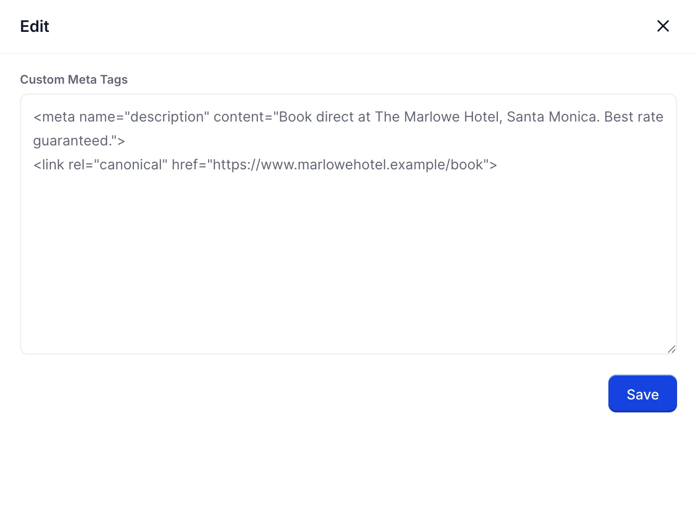 The Edit side panel open on Custom Meta Tags, holding a meta description tag reading "Book direct at The Marlowe Hotel, Santa Monica. Best rate guaranteed." and a canonical link tag pointing at https://www.marlowehotel.example/book, above a Save button.
