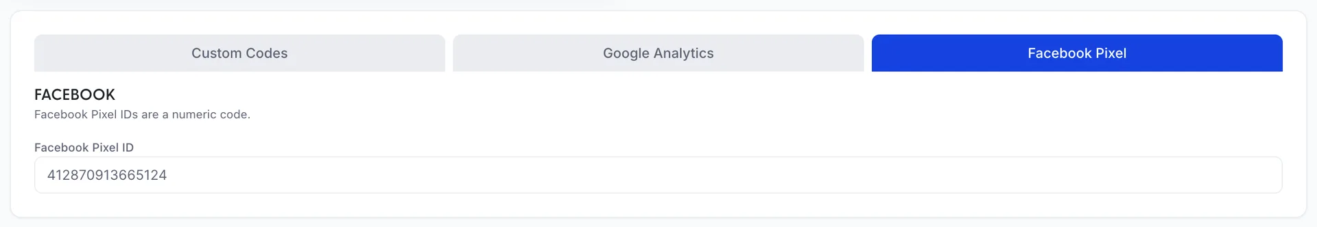 The Facebook Pixel tab, with the note "Facebook Pixel IDs are a numeric code." and a single Facebook Pixel ID field holding 412870913665124.