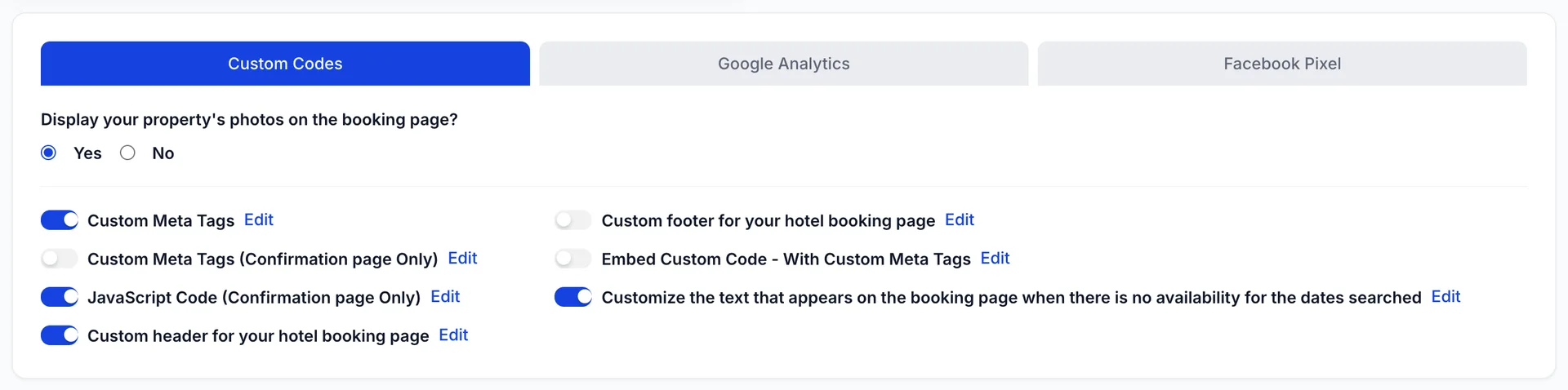 The lower card on the Customizations screen, with three tabs: Custom Codes selected and filled blue, Google Analytics and Facebook Pixel. Below the tabs, the photo question and seven labelled switches, each with an Edit link.