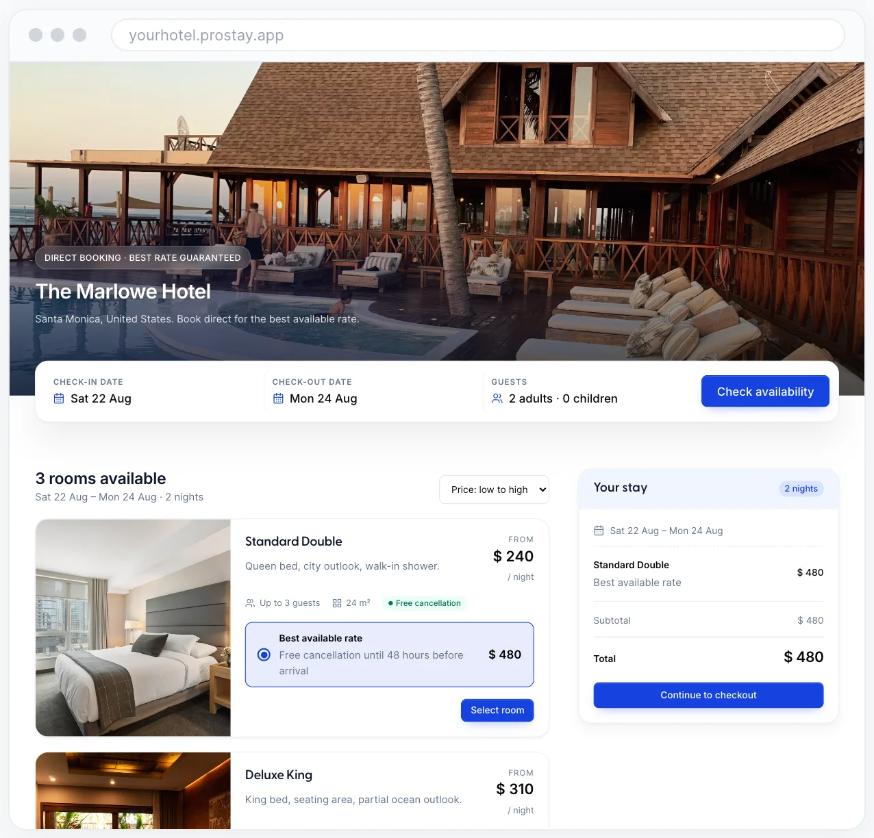 The live preview panel, drawn as a small browser window headed yourhotel.prostay.app. It shows the hero photo with the eyebrow "Direct booking, best rate guaranteed", the heading The Marlowe Hotel, a check-in and check-out bar reading Sat 22 Aug and Mon 24 Aug for 2 adults, and a Check availability button. Below it, 3 rooms available, a Standard Double at $240 a night, a Deluxe King at $310 a night, and a Your stay panel totalling $480 for 2 nights.
