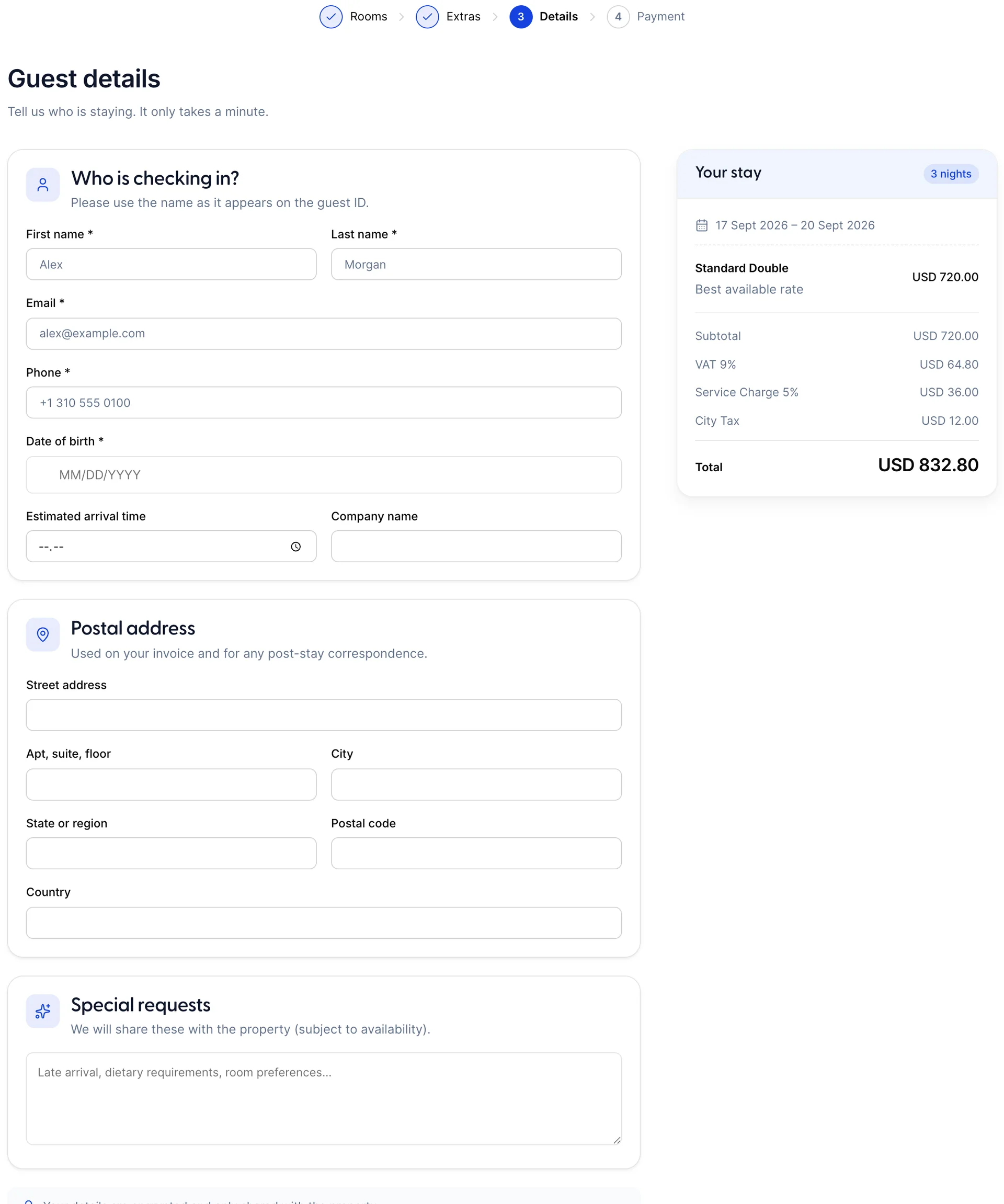 The Guest details step, with the progress strip reading Rooms, Extras, Details, Payment and Details active. A "Who is checking in?" card holds First name, Last name, Email, Phone and Date of birth, each marked with an asterisk, then Estimated arrival time and Company name unmarked. A Postal address card holds Street address, Apt suite floor, City, State or region, Postal code and Country. The Your stay panel on the right repeats the total.