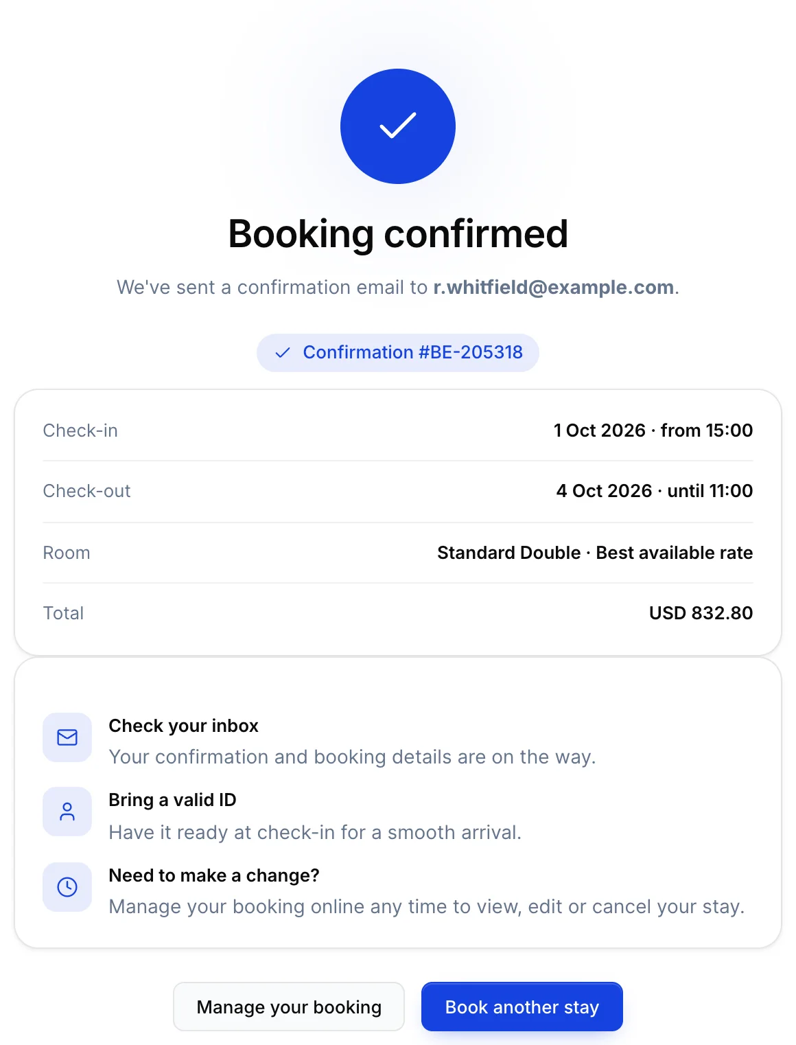 The confirmation page: a blue tick, the heading Booking confirmed, the line "We've sent a confirmation email to r.whitfield@example.com" and a chip reading Confirmation #BE-205318. A card lists Check-in 1 Oct 2026 · from 15:00, Check-out 4 Oct 2026 · until 11:00, Room Standard Double · Best available rate, and Total USD 832.80. A second card holds Check your inbox, Bring a valid ID, and "Need to make a change?" with the line "Manage your booking online any time to view, edit or cancel your stay." Manage your booking and Book another stay buttons sit at the foot.