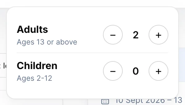 The Guests popover open under the search bar, with an Adults row hinted "Ages 13 or above" set to 2 and a Children row hinted "Ages 2-12" set to 0, each with a minus and plus stepper.
