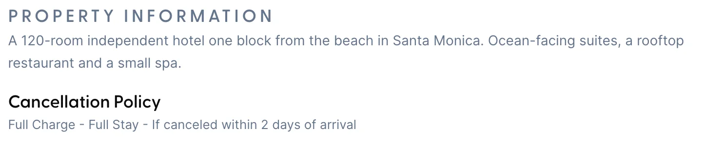 The Property Information block at the foot of the rooms page. A paragraph describes a 120-room independent hotel one block from the beach in Santa Monica, and below it a Cancellation Policy heading is followed by "Full Charge - Full Stay - If canceled within 2 days of arrival".
