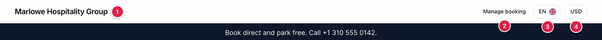 The booking engine header bar, showing the brand Marlowe Hospitality Group on the left and, on the right, a Manage booking link, an EN language chip with a flag and a USD currency chip.