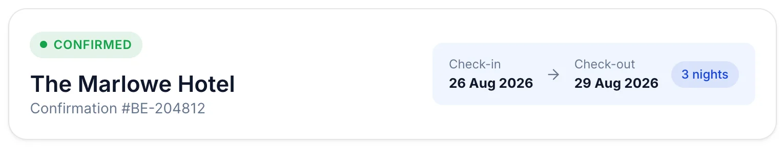 The head of a booking: a green Confirmed pill, The Marlowe Hotel, Confirmation #BE-204812, and Check-in and Check-out dates with the number of nights between them.