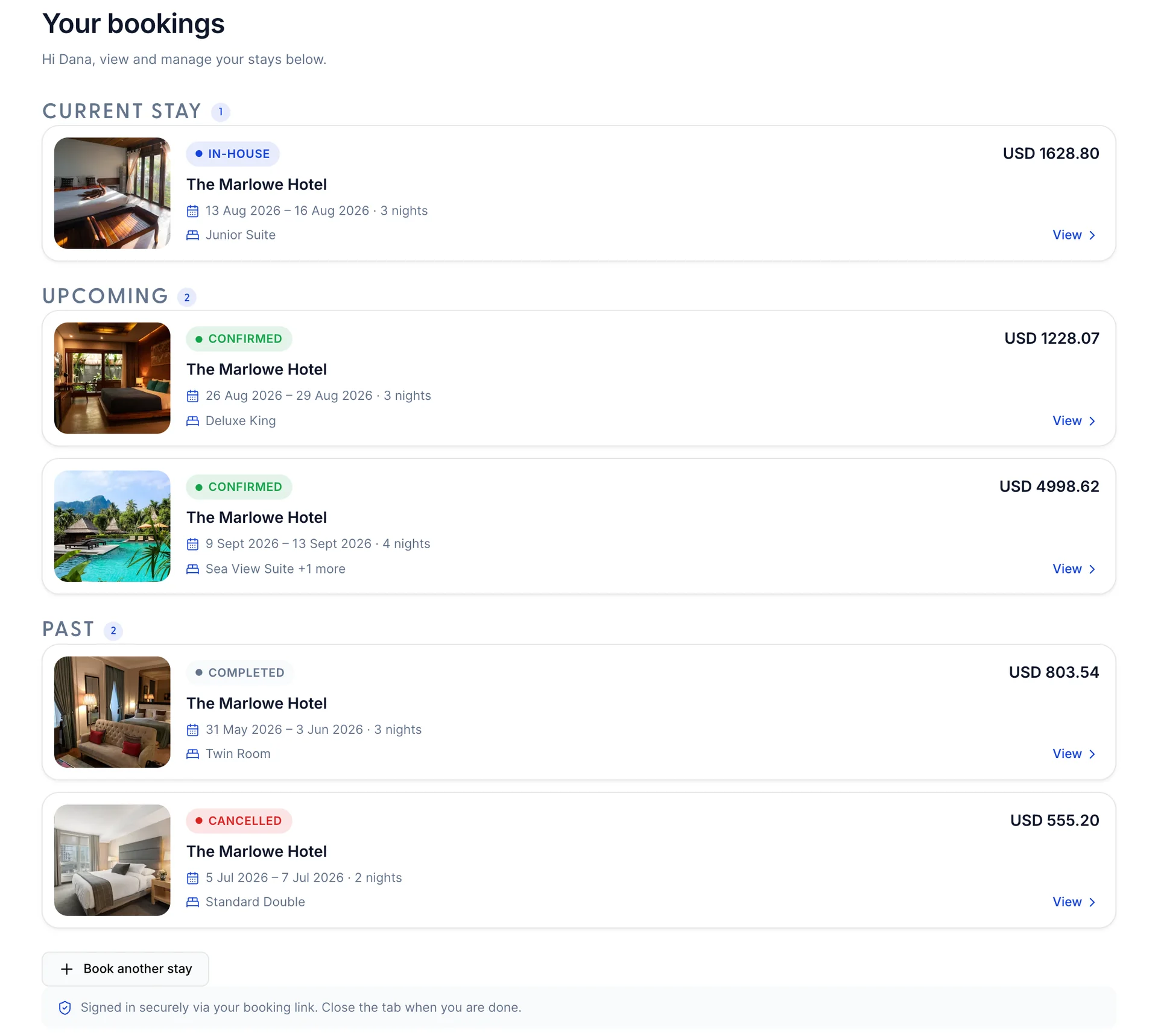The Your bookings screen for Dana Whitfield, with three groups. Current stay holds one In-house reservation, Upcoming holds two Confirmed ones, and Past holds a Completed stay and a Cancelled one. Each card carries a room photograph, a status pill, The Marlowe Hotel, the dates and night count, the room name and the total in US dollars.