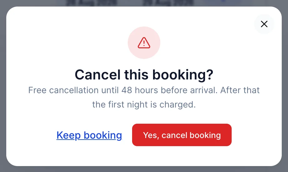 A confirmation dialog headed "Cancel this booking?" showing the property cancellation policy, "Free cancellation until 48 hours before arrival. After that the first night is charged.", with a Keep booking link and a red "Yes, cancel booking" button.