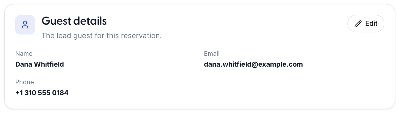 The Guest details card, headed "The lead guest for this reservation", with an Edit button and rows for Name, Email and Phone.