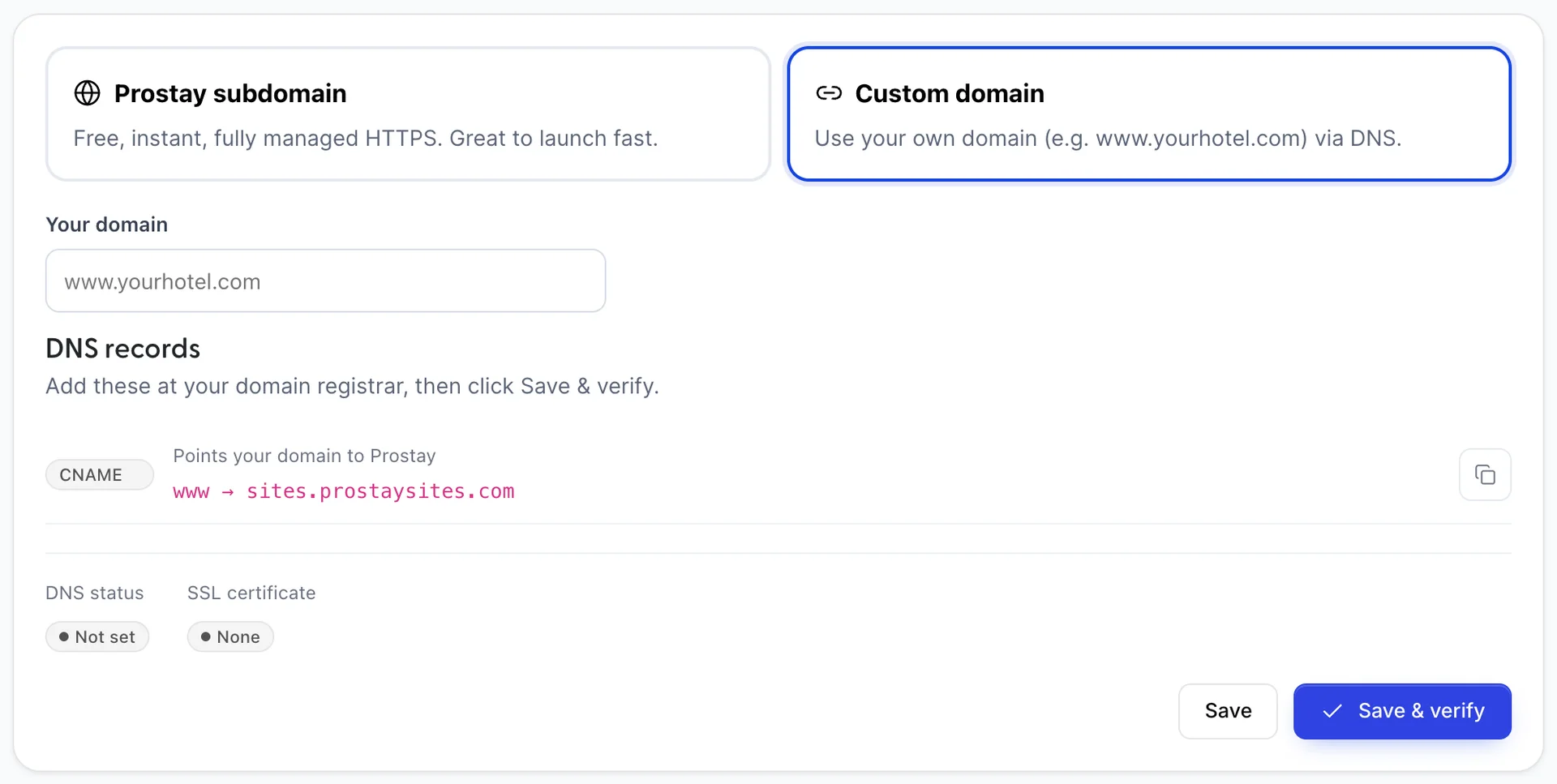 The Domains screen with Custom domain selected, described as "Use your own domain (e.g. www.yourhotel.com) via DNS." Your domain is empty. A DNS records section shows one CNAME pointing www to sites.prostaysites.com, DNS status Not set, SSL certificate None, and Save and Save & verify buttons.