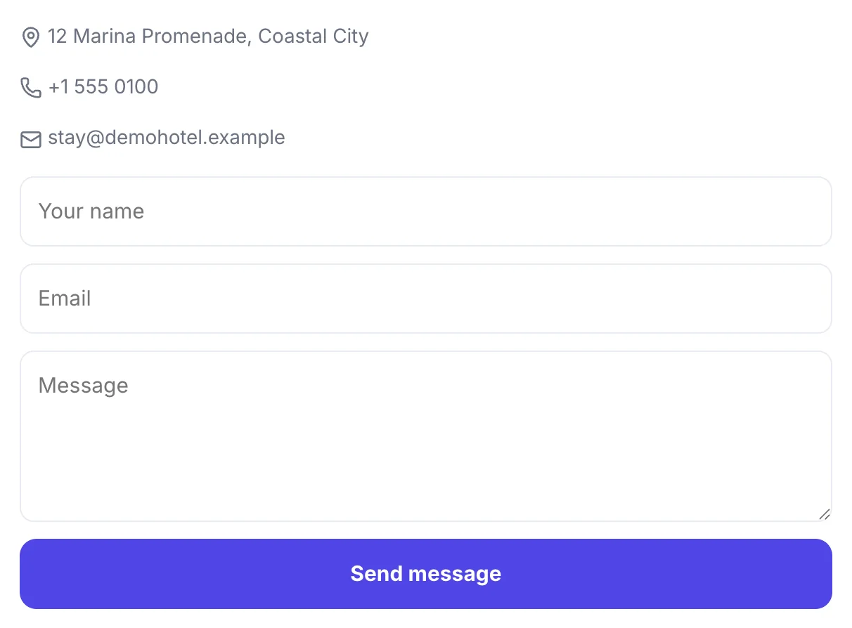 The contact details on the published site: the address 12 Marina Promenade, Coastal City, the telephone number +1 555 0100 and the email address stay@demohotel.example, each with a small icon. Below them a form takes Your name, Email and Message, with a Send message button across the full width.