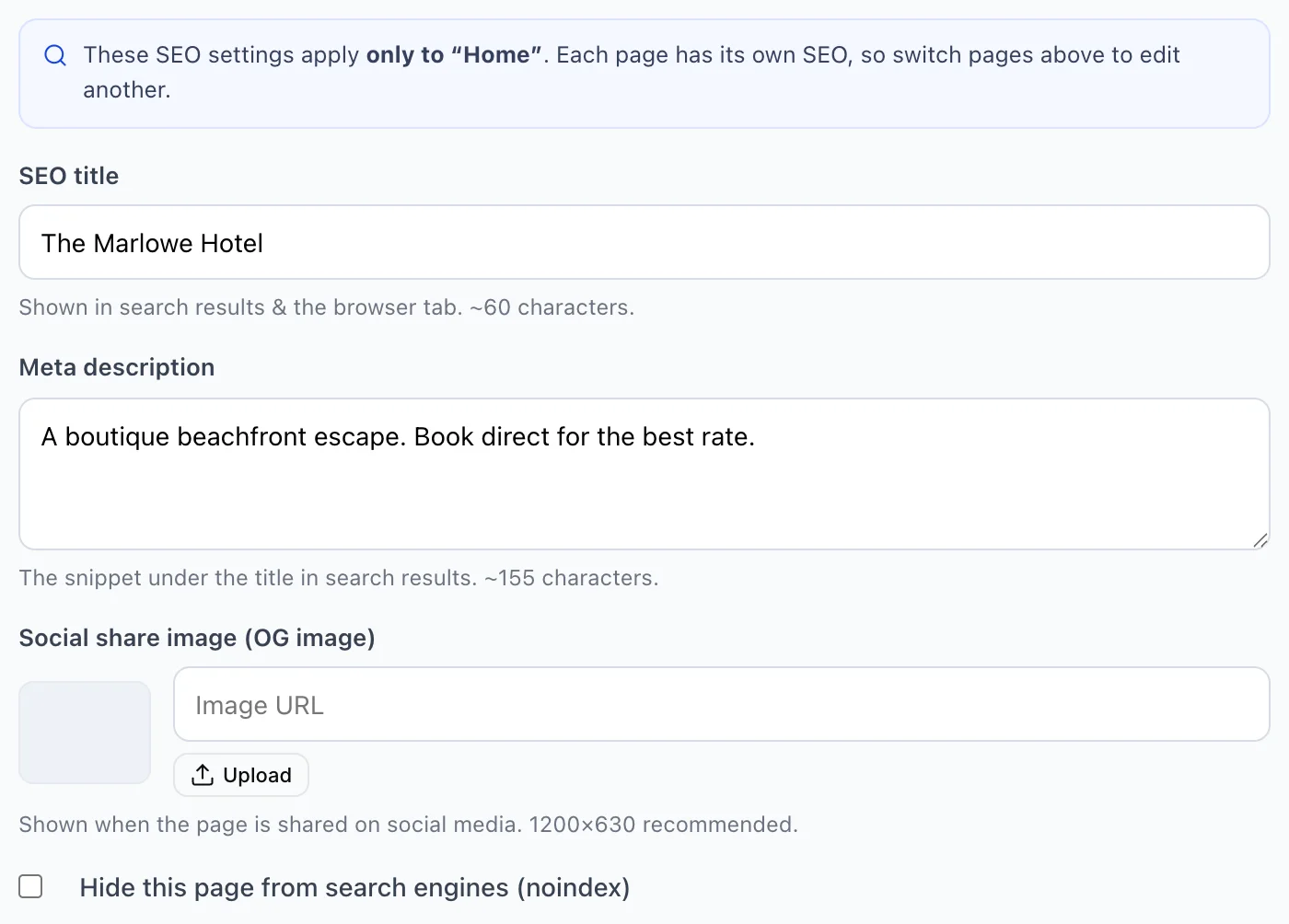The SEO tab for the Home page, opening with the note that these settings apply only to Home and that each page has its own SEO. Below it, an SEO title field, a Meta description field holding "A boutique beachfront escape. Book direct for the best rate.", a Social share image (OG image) field with an Upload button, and a checkbox reading "Hide this page from search engines (noindex)".
