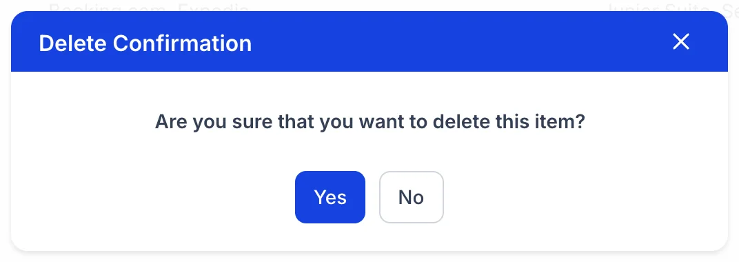 La boîte de dialogue de confirmation «Delete » demandant « Êtes-vous sûr de vouloir delete cet élément ? », avec un bouton bleu « Yes » et un bouton « Non ».
