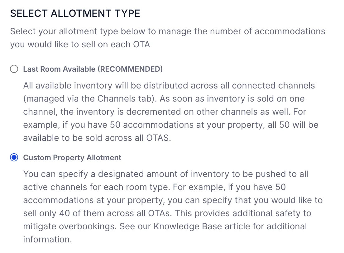 The two allotment types in the Edit Allotment panel: an unselected Last Room Available marked RECOMMENDED, and a selected Custom Property Allotment, each with a paragraph explaining how inventory reaches the channels.