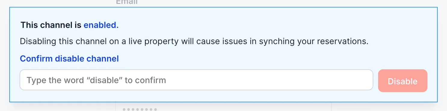 The blue notice with its confirmation open: a text box prompting you to type the word disable to confirm, beside a pale red Disable button that is not yet clickable.