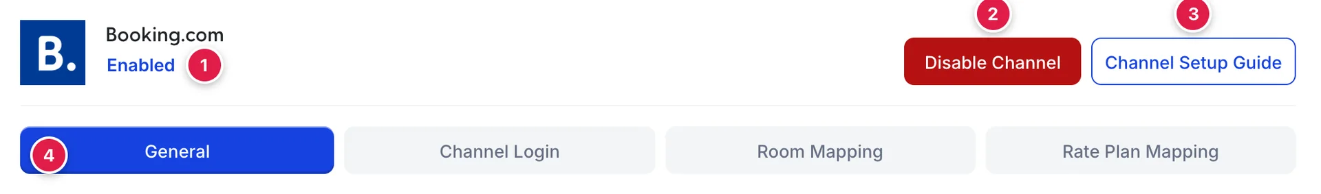 The top of the Edit Channel panel for Booking.com: the channel logo, its name, the word Enabled in blue, a red Disable Channel button, a Channel Setup Guide button, and four tabs reading General, Channel Login, Room Mapping and Rate Plan Mapping.