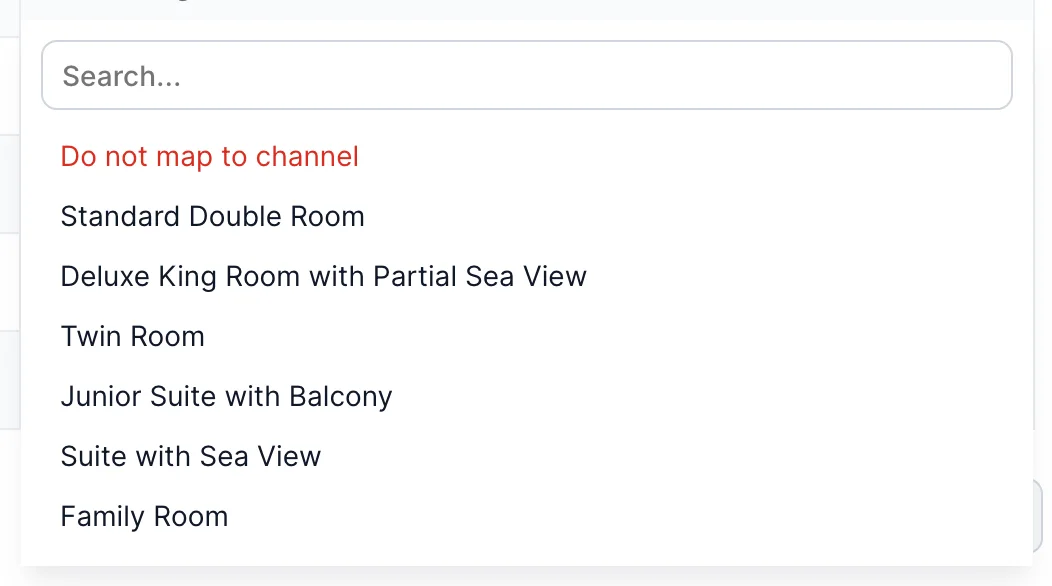 The channel room picker open on the Deluxe King row, showing a search box, a red Do not map to channel option, and the six rooms Booking.com holds for this property listed once each.
