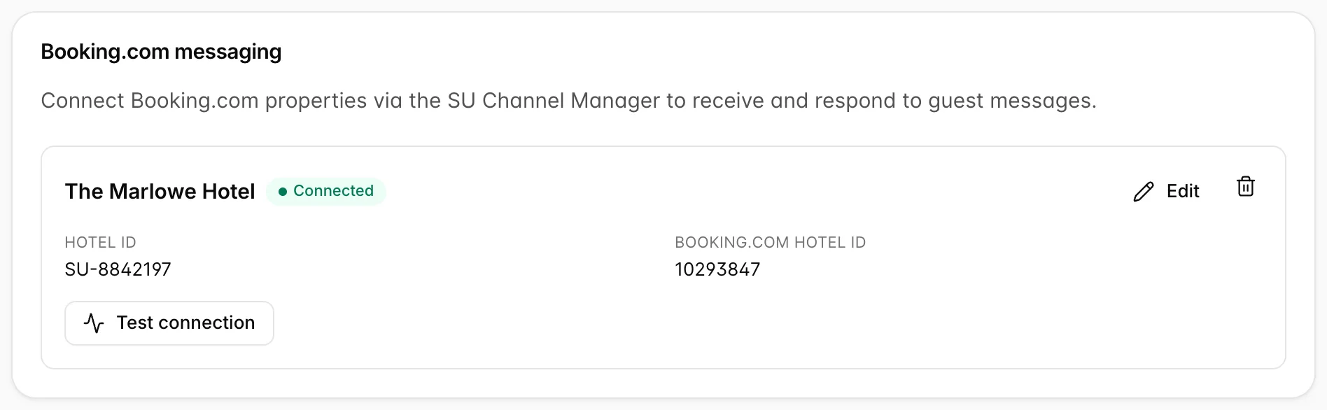 The Booking.com messaging card holding one account: The Marlowe Hotel, marked Connected, with a Hotel ID and a Booking.com Hotel ID, above Test connection, Edit and Disconnect buttons.