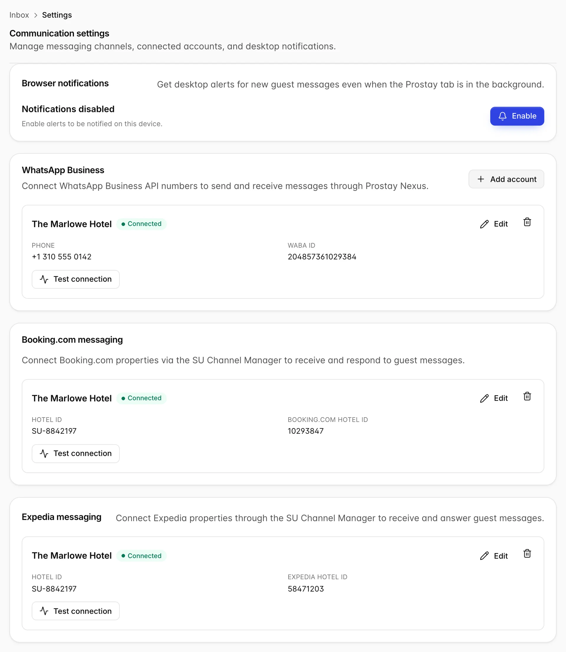 The Communication settings screen: a Browser notifications card at the top, then WhatsApp Business, Booking.com messaging and Expedia messaging cards, each listing the connected account with its identifiers and Test connection, Edit and Disconnect actions.