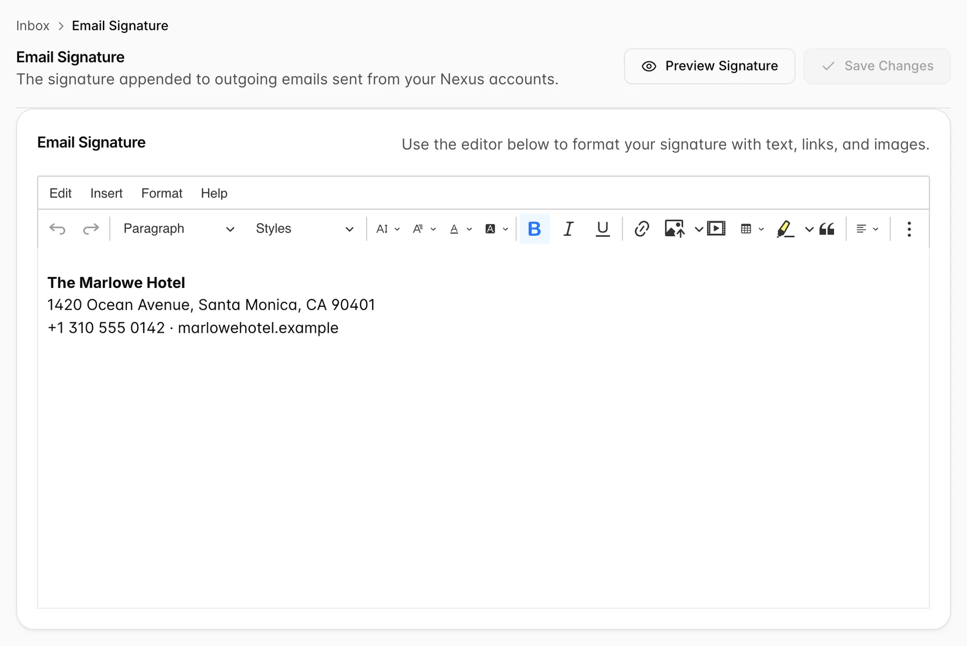 The Email Signature screen, with breadcrumbs Inbox then Email Signature, Preview Signature and Save Changes buttons, and a rich text editor holding The Marlowe Hotel, its street address, phone number and website.