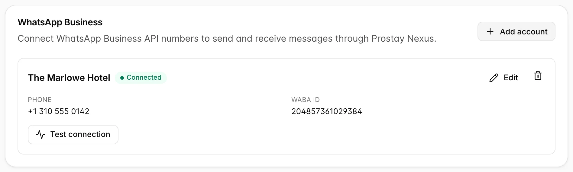 The WhatsApp Business card holding one account: The Marlowe Hotel, marked Connected, with the Phone +1 310 555 0142 and a WABA ID, above Test connection, Edit and Disconnect buttons.
