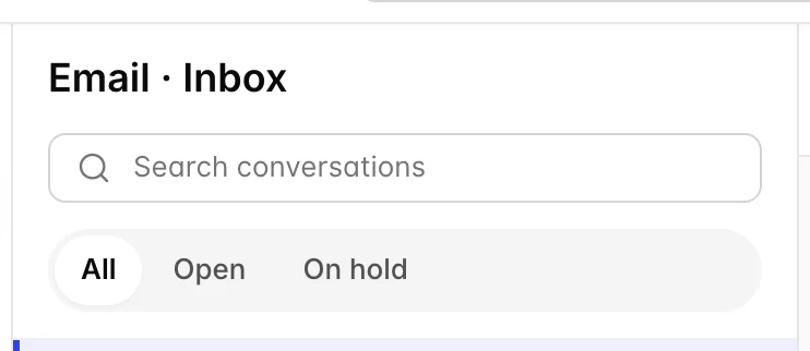 The head of the conversation list with the email Inbox folder selected: the title "Email, Inbox", a Search conversations box, and a three-way control offering All, Open and On hold, with All selected.