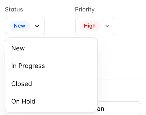 The Status dropdown open on the details panel, offering New, In Progress, Closed and On Hold, with the current value New showing in the closed control behind it.
