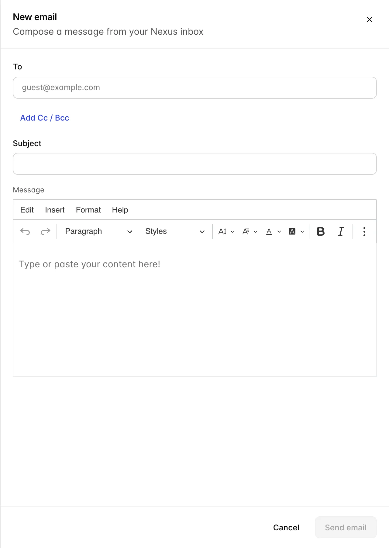 Le nouveau volet «email », sous-titré « Compose a <span translate="no">message from your Nexus inbox</span> », comporte un champ « À » dont la valeur par défaut est guest@example.com, un lien « Add Cc / Bcc », un champ « Subject », un éditeur de texte enrichi Message, ainsi que des boutons « Annuler » et « Send » email.