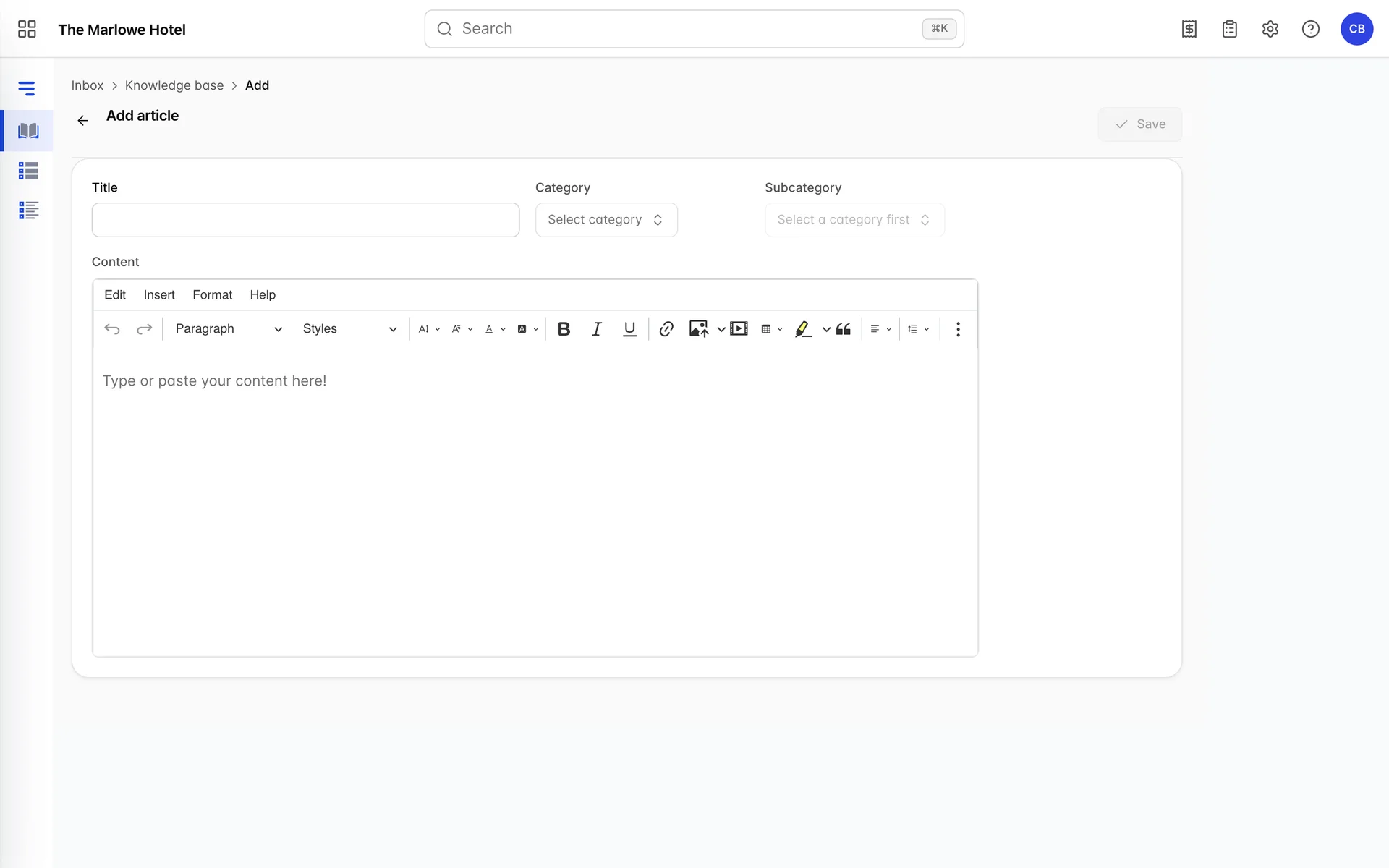 The Add article form: a Title field, Category and Subcategory dropdowns side by side, and a rich text Content editor, with Cancel and Save article buttons.