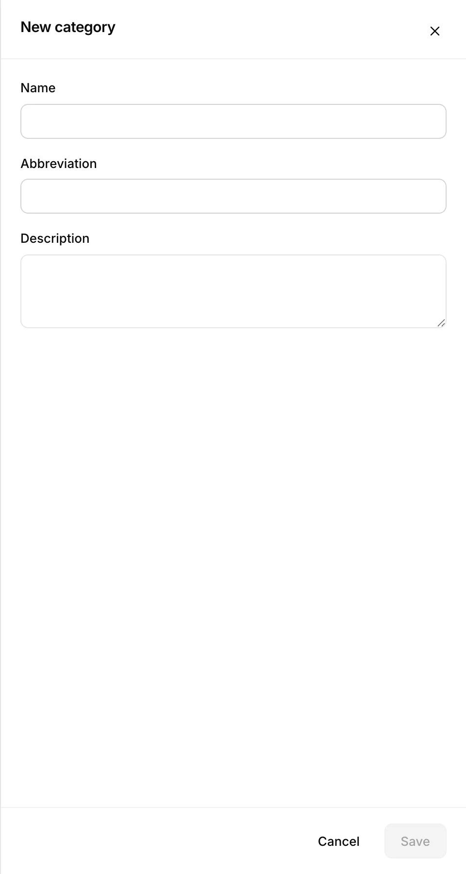 The New category drawer with three fields: Name, Abbreviation and a multi-line Description, above Cancel and Save buttons, with Save greyed out until a name is entered.