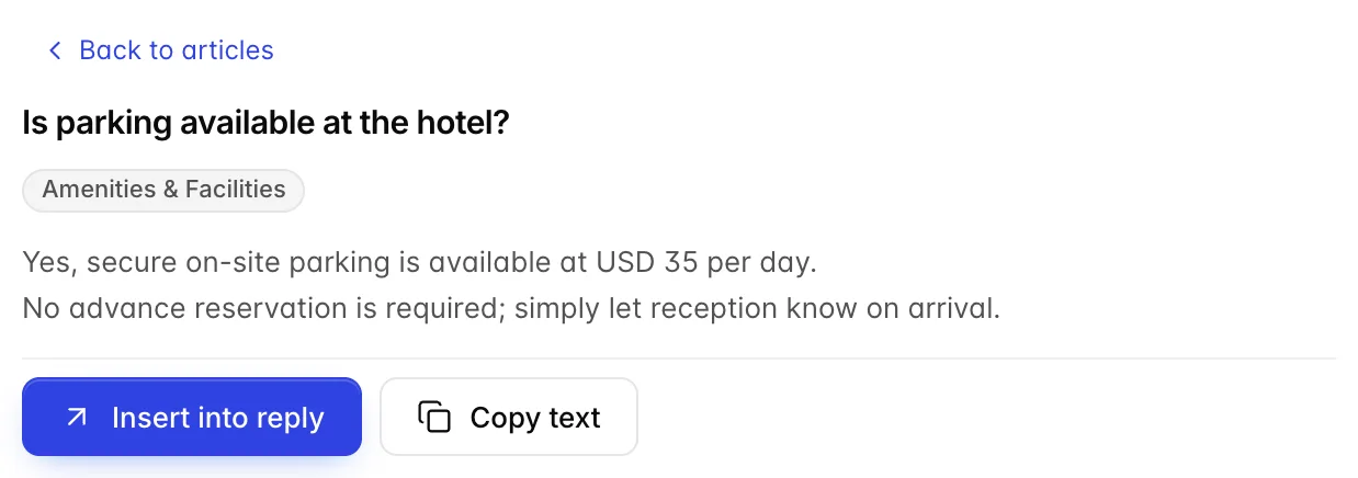 A knowledge base article open in the reply drawer, showing a Back to articles link, the title "Is parking available at the hotel?", a category badge, the answer text, and Insert into reply and Copy text buttons.