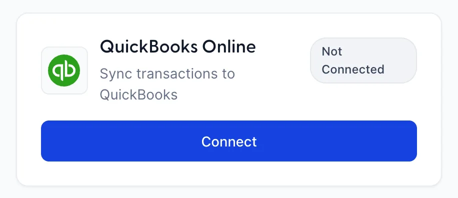 Die Karte „QuickBooks Online“ vor der Einrichtung, mit einem grauen Abzeichen „Not Connected“ und einem blauen Schaltflächenelement „Connect“, das die gesamte Breite der Karte einnimmt.