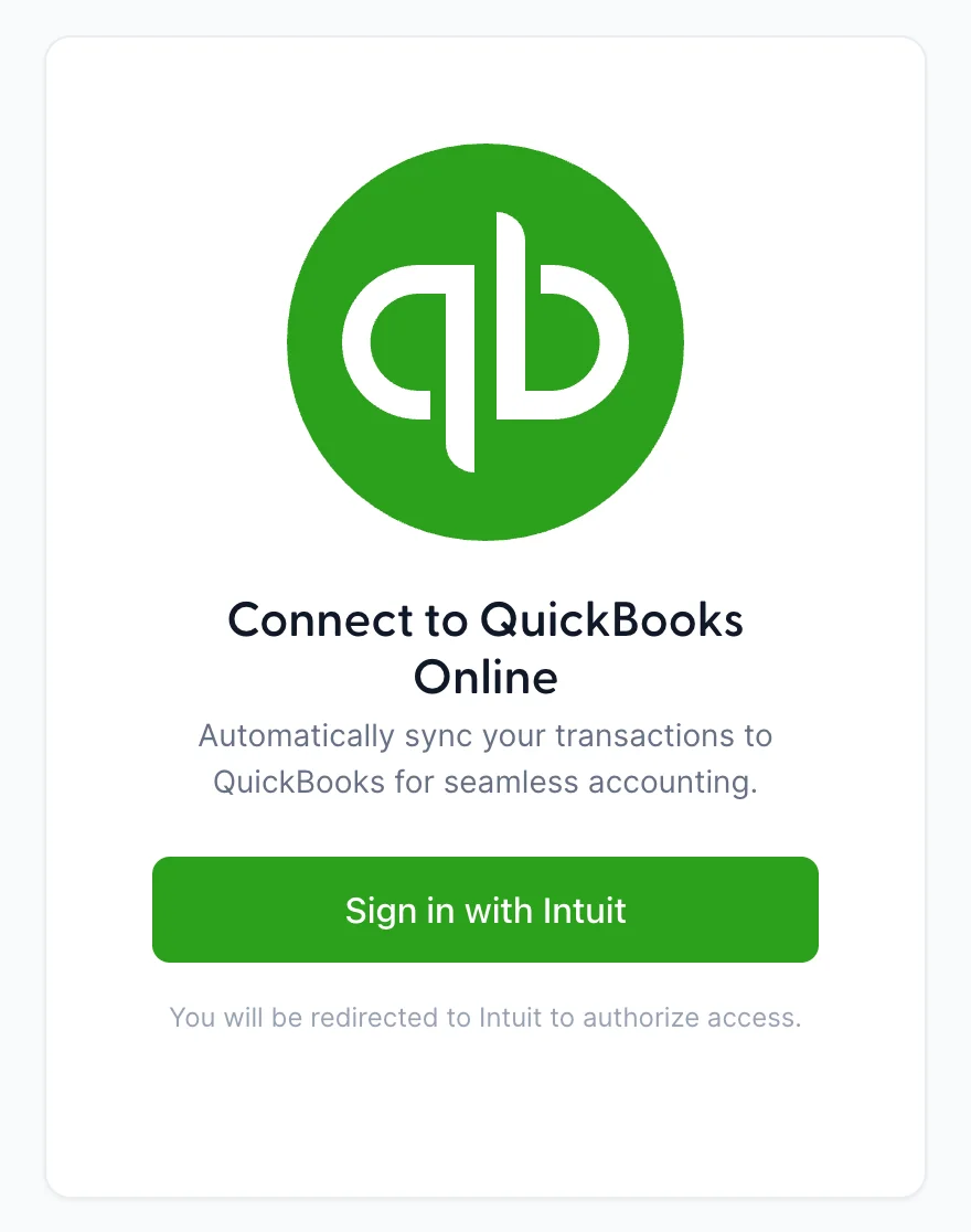Eine zentrierte Karte mit der Überschrift „Connect“ an QuickBooks Online, mit einer grünen Schaltfläche „Sign in with Intuit“ und der Zeile „Sie werden zu Intuit weitergeleitet, um den Zugriff zu autorisieren“ darunter.