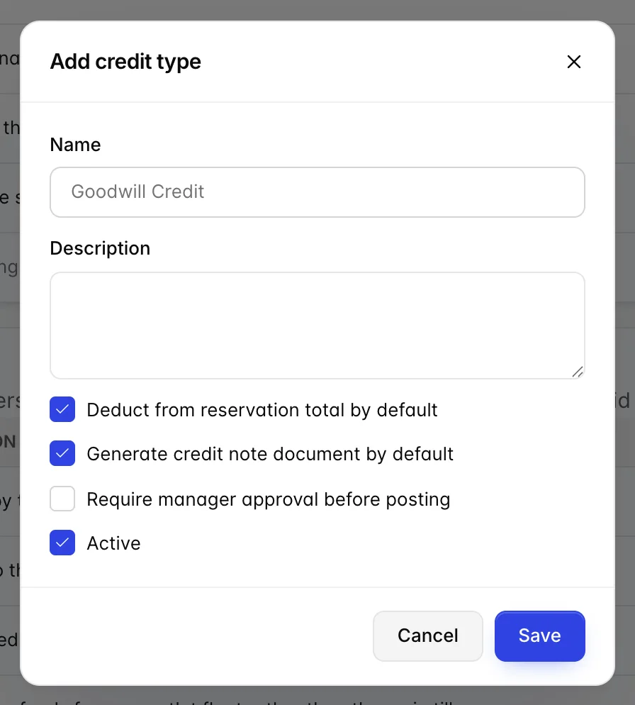 La boîte de dialogue « Ajouter un crédit » type comporte un champ « Nom », une zone « Description » et quatre cases à cocher : « deduct from reservation <span translate="no">total by default</span> », « generate <span translate="no">credit note document by default</span> », « require manager approval before posting » et « Active ».