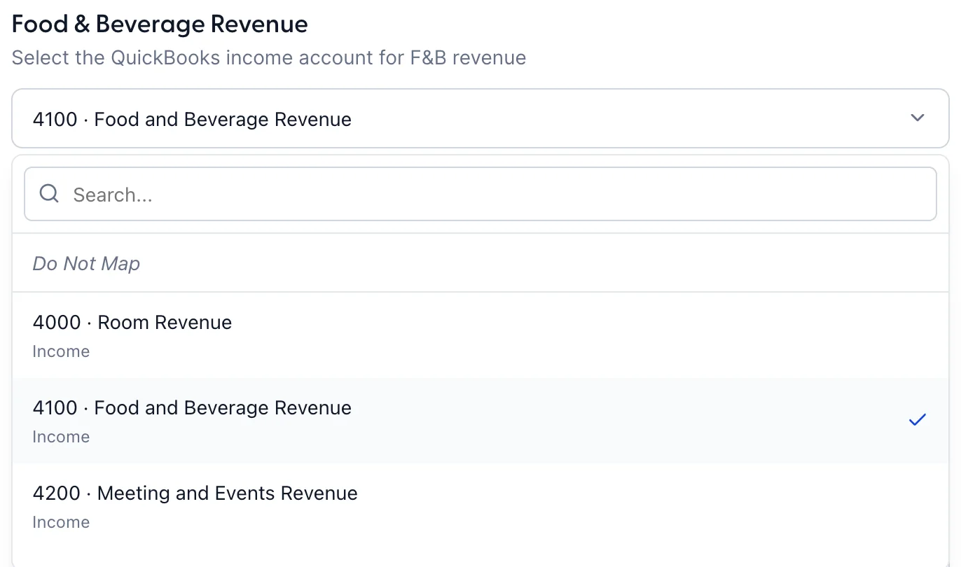 Eine Auswahlleiste für Konten mit einem Suchfeld oben, einer kursiv geschriebenen Zeile „Do Not Map“ und drei Einnahmenkonten darunter: 4000 „Room Revenue“, 4100 „Food and Beverage Revenue“ mit einem Häkchen daneben und 4200 „Meeting and Events Revenue“, jeweils mit dem Wort „Income“ unter dem Namen.