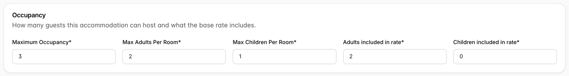 The Occupancy card on the Edit Accommodation Type form for Standard Double, with Maximum Occupancy 3, Max Adults Per Room 2, Max Children Per Room 1, Adults included in rate 2 and Children included in rate 0.