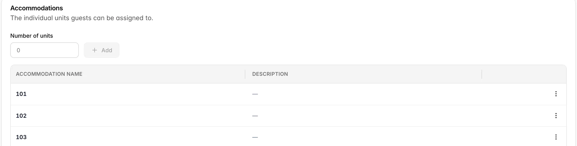 The Accommodations card on the Edit Accommodation Type form, subtitled "The individual units guests can be assigned to.", with an empty Number of units field beside a greyed out Add button, above a table of units listing 101, 102 and 103 with empty descriptions and an actions menu on each row.