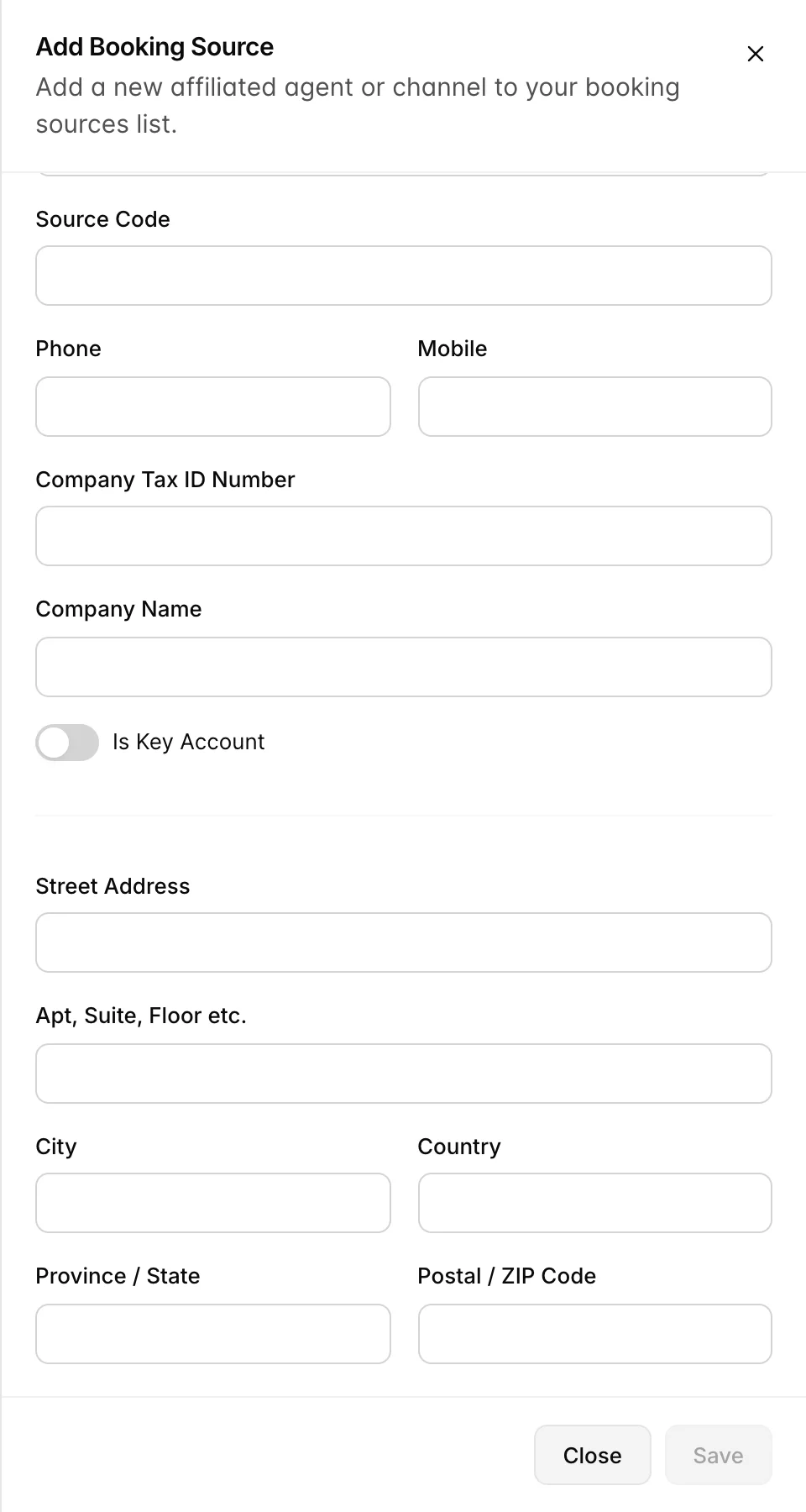 Das Fenster „Add Booking Source“ ist bis zum unteren Rand gescrollt und zeigt zunächst eine Trennlinie, gefolgt von „Street Address“, „Apt, Suite, Floor etc.“, „City“ und „Country“, „Province / State“ sowie „Postal / ZIP Code“, mit den Schaltflächen „Close“ und einem ausgegrauten „out“ sowie „Save“ am unteren Rand.