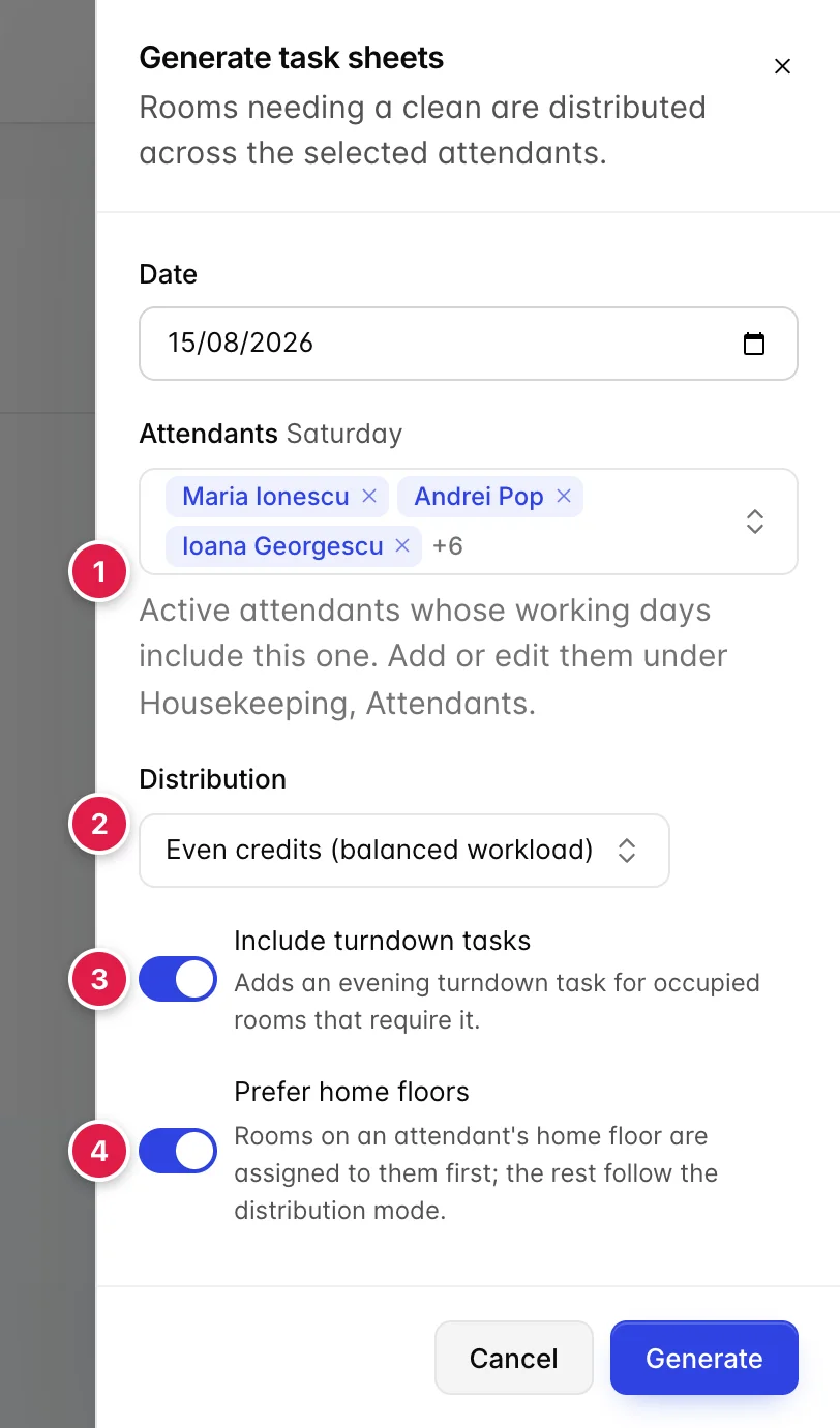 Der Ordner „Generate task sheets“: ein Datumsfeld mit dem Eintrag „15. August 2026“, ein Feld „Attendants“ mit der Bezeichnung „Saturday“, das neun Namen enthält, eine Verteilerliste, die auf „Even credits (balanced workload)“ eingestellt ist, sowie Schalter für „Include <span translate="no">turndown tasks</span>“ und „Prefer home floors“, die beide aktiviert sind.