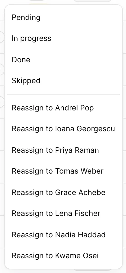 Das Menü zu einer Aufgabe, in dem „Pending“, „In progress“, „Done“ und „Skipped“ aufgeführt sind, gefolgt von einem Trennzeichen, dann „Reassign to Andrei Pop“, „Reassign to Ioana Georgescu“ und die weiteren „attendants, working today“.