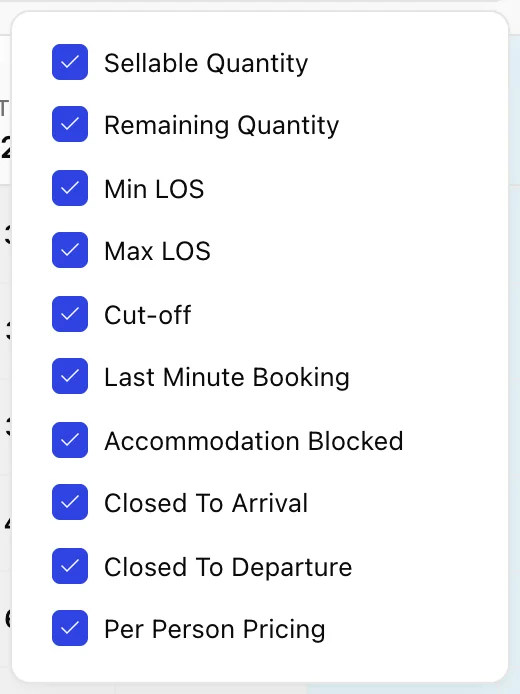 The Display Options checklist open, with Sellable Quantity, Remaining Quantity, Min LOS, Max LOS, Cut-off, Last Minute Booking, Accommodation Blocked, Closed To Arrival, Closed To Departure and Per Person Pricing all ticked.