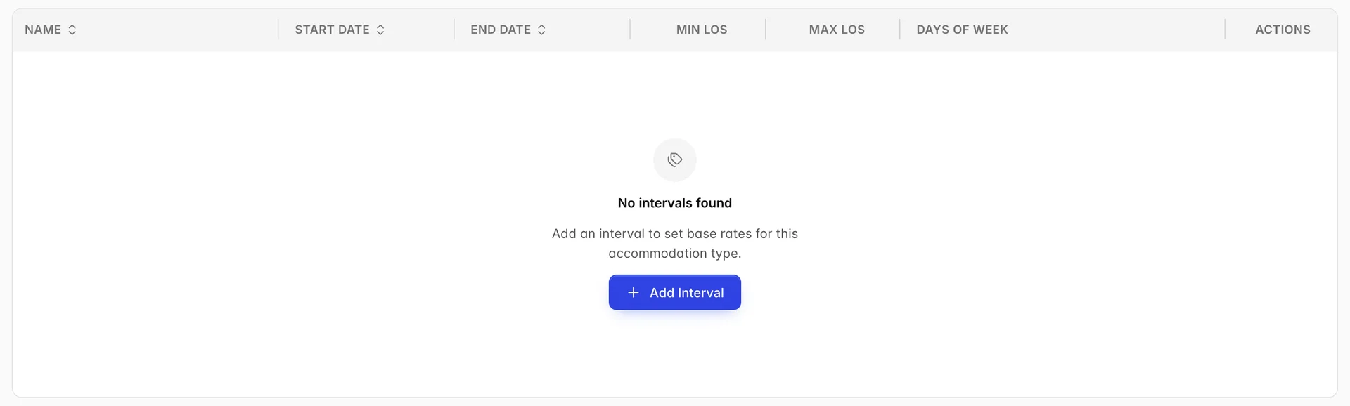 The Base Rates table showing an empty state headed No intervals found, with the text Add an interval to set base rates for this accommodation type and an Add Interval button, after searching for Winter.