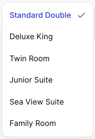 The accommodation type filter open on the Base Rates screen, listing Standard Double, Deluxe King, Twin Room, Junior Suite, Sea View Suite and Family Room.