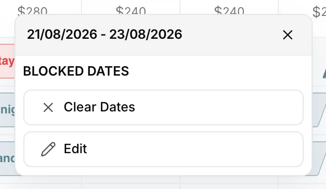 Le menu qui s’ouvre sur la vignette «blocked dates », intitulé «Blocked Dates » et comportant en dessous la mention «date range », propose les options «Clear Dates» et «Edit».