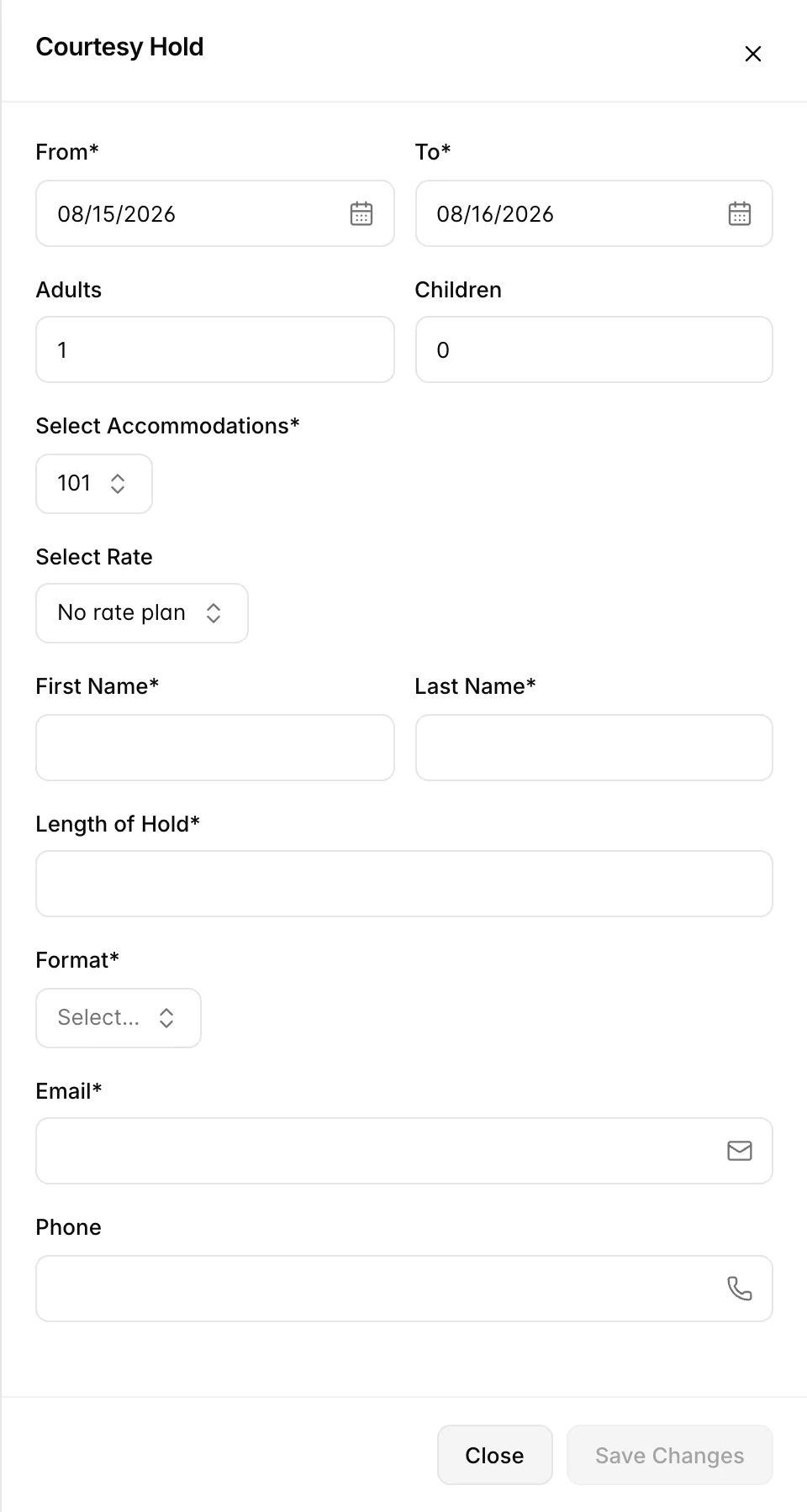 Le panneau «Courtesy Hold », comportant les champs «From», «To», «Adults», «Children», «Select Accommodations», «Select Rate», «First Name», «Last Name», «Length of Hold», «Format», «Email» et «Phone», dont la plupart sont marqués comme obligatoires par un astérisque.